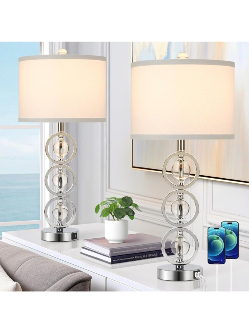 Set of 2 Modern Silver Table Lamps with 2 USB Charging Ports for Living Room